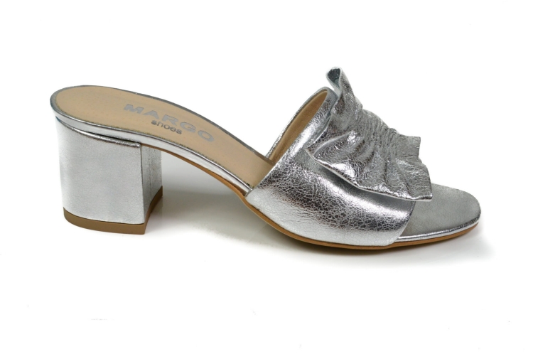 Srebrne klapki obcas klocek ozdoba skóra