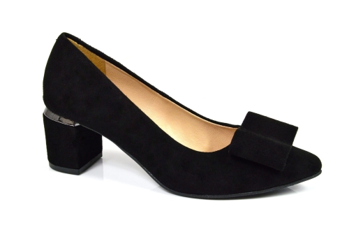 Czarne czółenka skóra zamszowa niski obcas ozdoba