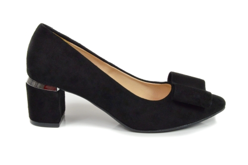 Czarne czółenka skóra zamszowa niski obcas ozdoba