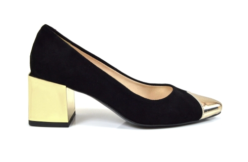Czarne zamszowe czółenka złoty obcas i nosek