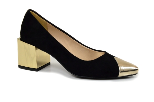 Czarne zamszowe czółenka złoty obcas i nosek