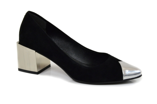 Czarne czółenka z zamszu srebrny obcas i nosek