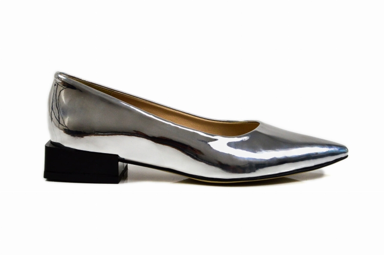 Srebrne metaliczne mokasyny damskie kwadratowy obcas