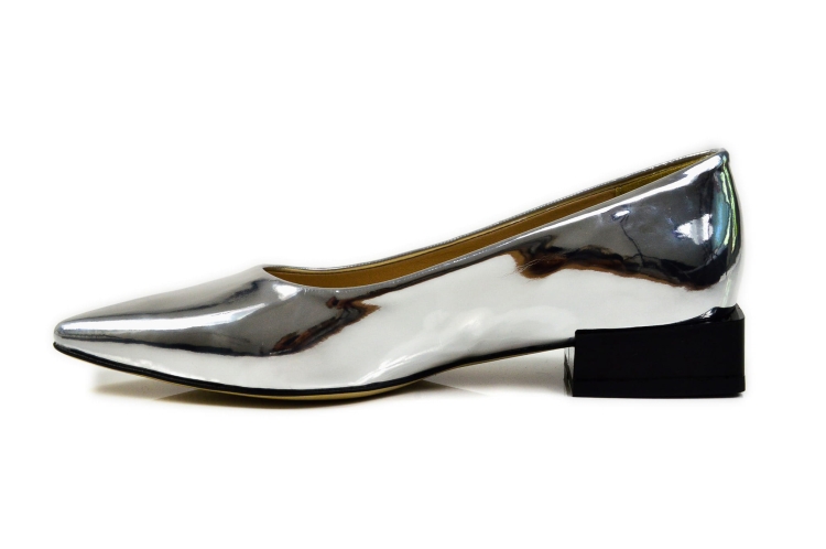 Srebrne metaliczne mokasyny damskie kwadratowy obcas