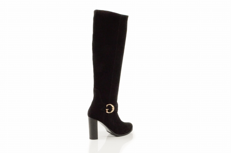 Czarne welurowe kozaki obcas słupek złota klamra skóra