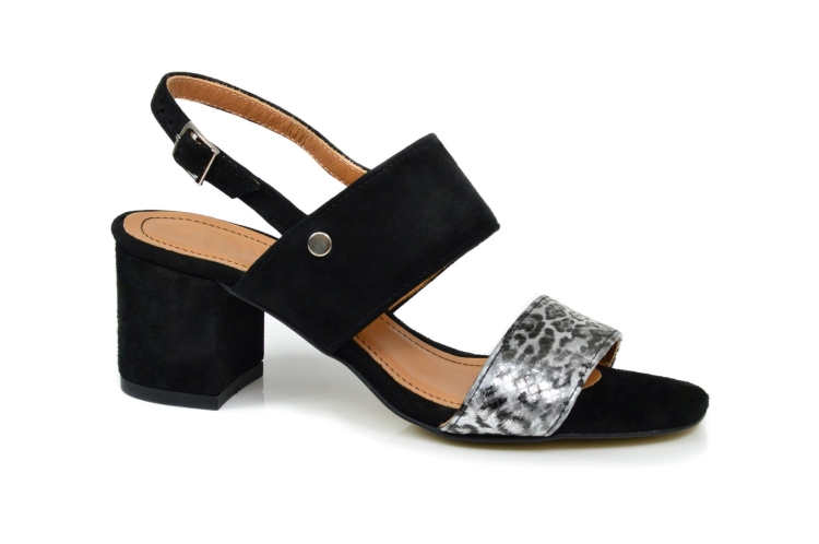 Czarno-srebrne sandałki ze skóry zamszowej obcas niski klocek