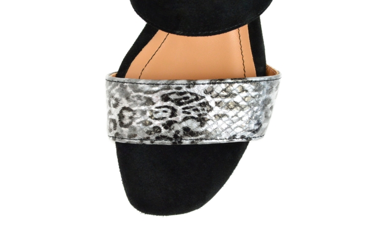 Czarno-srebrne sandałki ze skóry zamszowej obcas niski klocek