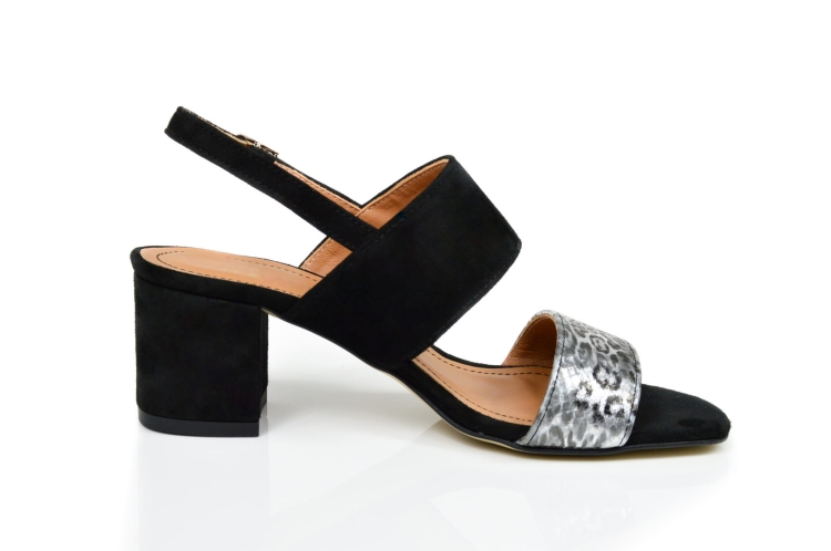 Czarno-srebrne sandałki ze skóry zamszowej obcas niski klocek