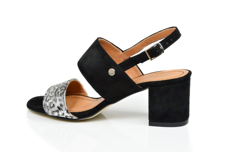 Czarno-srebrne sandałki ze skóry zamszowej obcas niski klocek