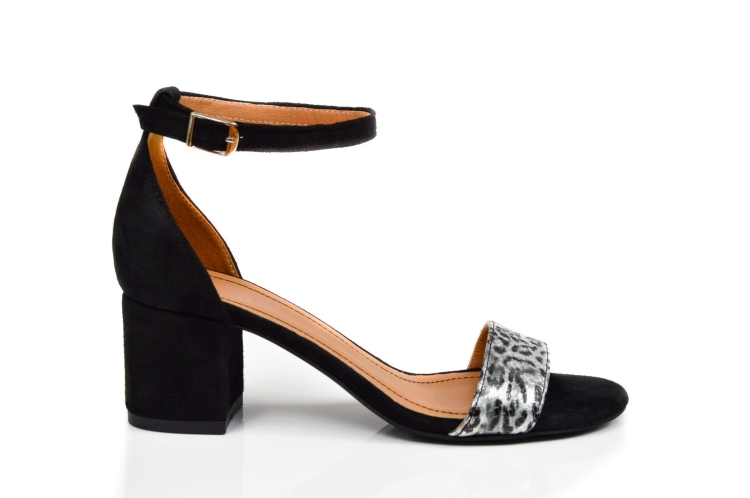 Czarno srebrne sandałki damskie niski obcas klocek