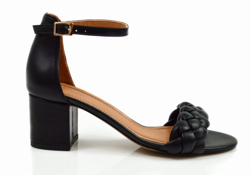 Czarne sandałki z warkoczem niski obcas klocek skóra licowa