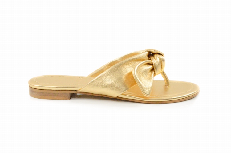 Złote skórzane japonki klapki damskie płaskie wiązanie kokardka