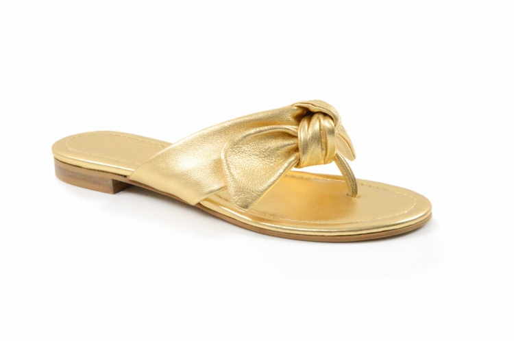 Złote skórzane japonki klapki damskie płaskie wiązanie kokardka