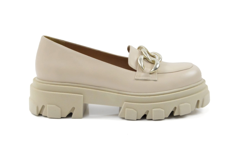 Beżowe skórzane mokasyny półbuty gruba wysoka podeszwa złoty łańcuch skóra licowa