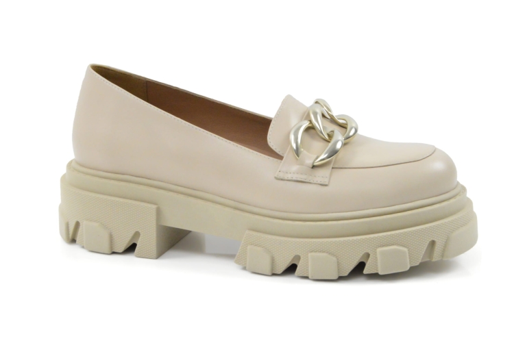 Beżowe skórzane mokasyny półbuty gruba wysoka podeszwa złoty łańcuch skóra licowa