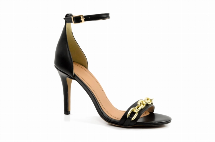 Czarne sandałki złoty łańcuch obcas szpilka 8 cm skóra zapinanie klamerką