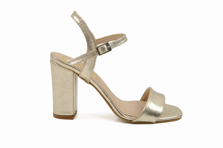Złote sandały damskie obcas słupek zapinane klamerką wokół kostki skóra naturalna