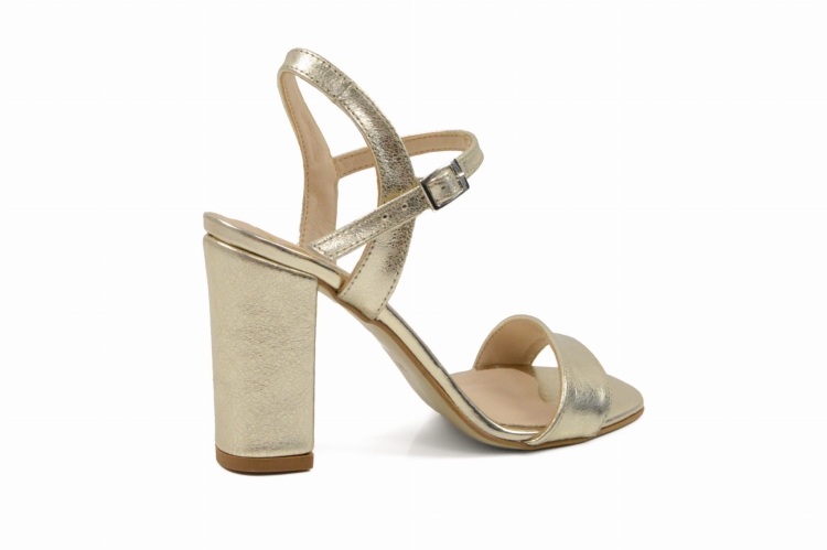 Złote sandały damskie obcas słupek zapinane klamerką wokół kostki skóra naturalna