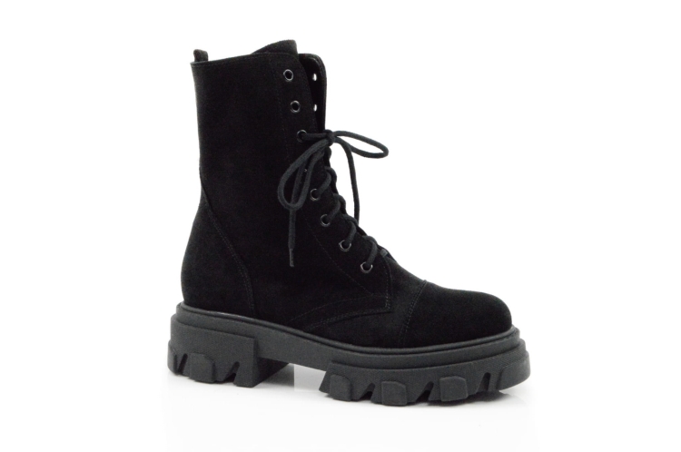 Czarne welurowe botki workery trapery damskie gruba wysoka podeszwa skóra
