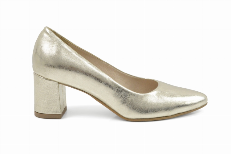 Złote czółenka skóra naturalna niski obcas klocek skóra w kolorze złota lustrzanego