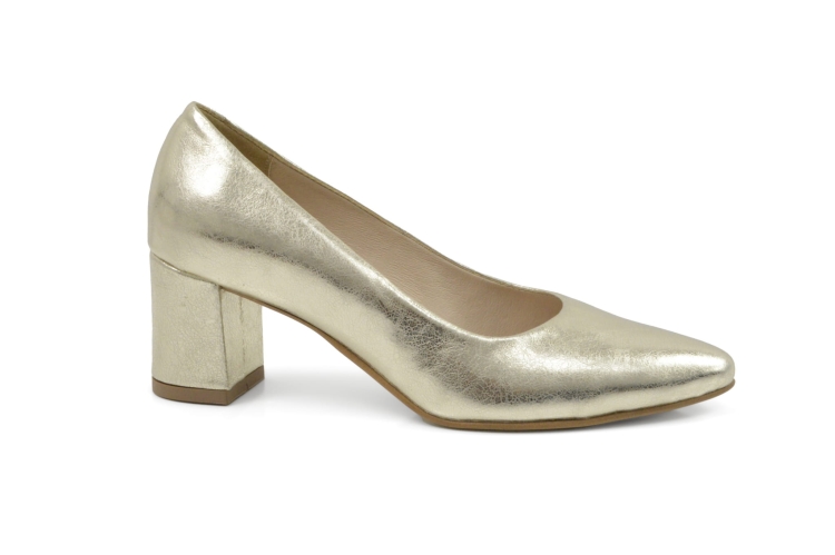 Złote czółenka skóra naturalna niski obcas klocek skóra w kolorze złota lustrzanego