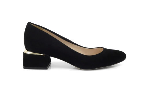 Eleganckie czarne czółenka zamszowe ozdobny złoty obcas nosek okrągły