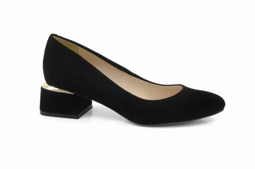 Eleganckie czarne czółenka zamszowe ozdobny złoty obcas nosek okrągły