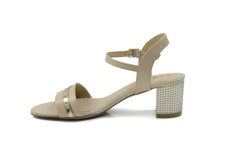 Beżowe sandałki niski złoty obcas zapinane klamerką