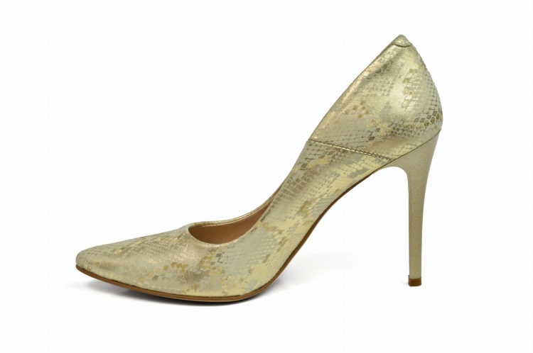 Złote czółenka obcas szpilka motyw żmijki węża skórzane