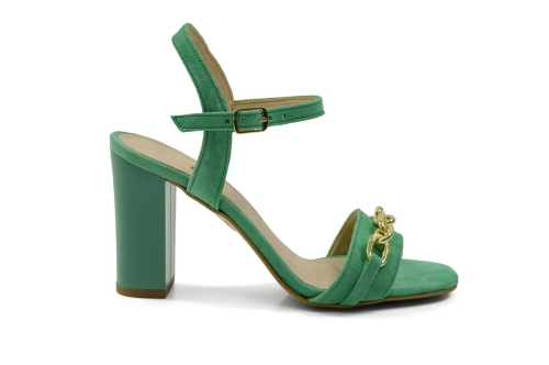Zielone szmaragdowe sandałki złoty łańcuch ozdobny obcas słupek