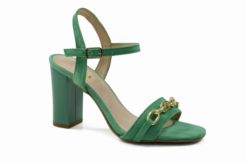 Zielone szmaragdowe sandałki złoty łańcuch ozdobny obcas słupek