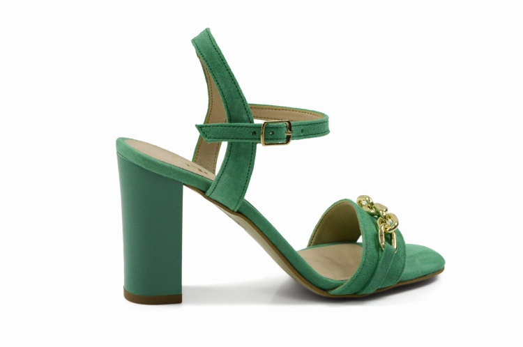 Zielone szmaragdowe sandałki złoty łańcuch ozdobny obcas słupek