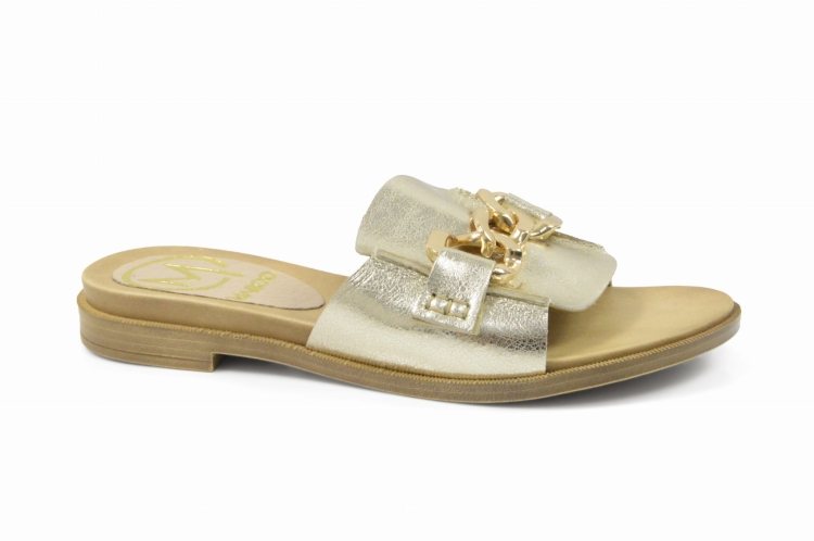 Złote klapki damskie złoty łańcuch ozdobny płaska podeszwa