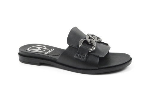 Czarne klapki płaska podeszwa łańcuch ozdobny skórzane