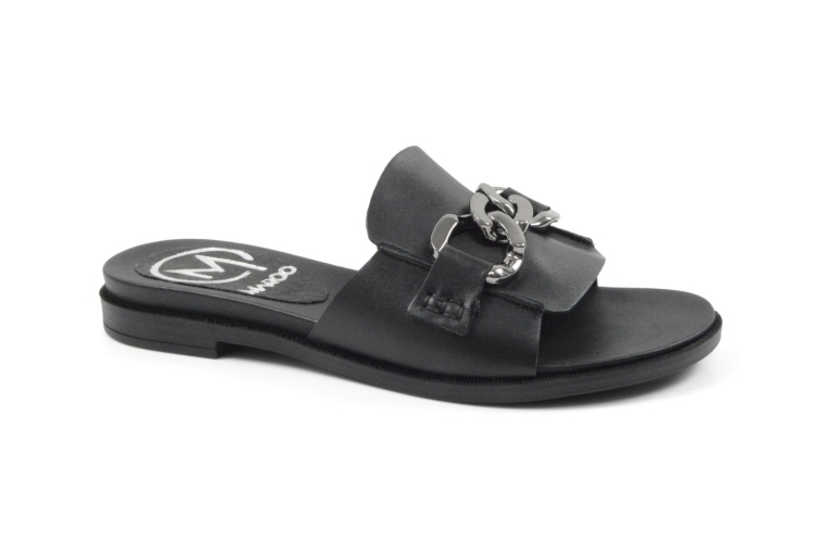 Czarne klapki płaska podeszwa łańcuch ozdobny skórzane
