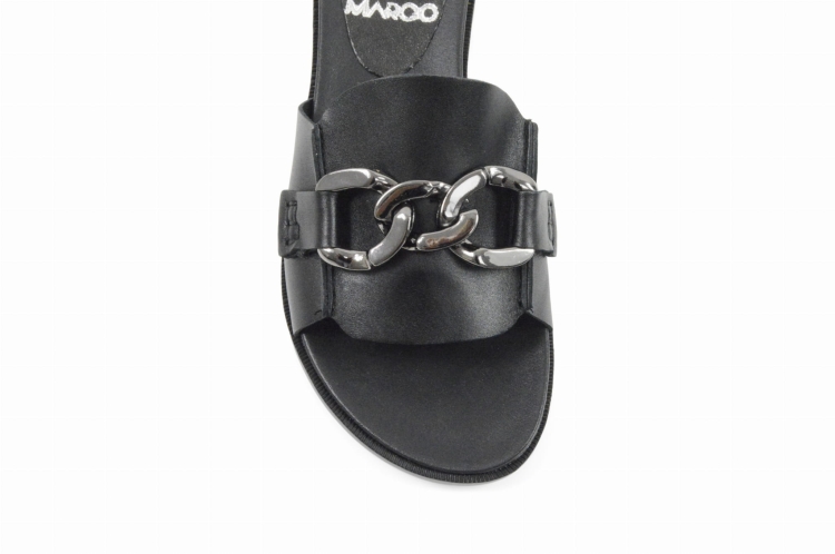 Czarne klapki płaska podeszwa łańcuch ozdobny skórzane