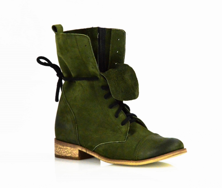 Khaki oliwkowe botki oficerki ze skóry na płaskim sznurowane