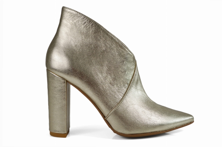 Złote botki skórzane wysoki obcas słupek