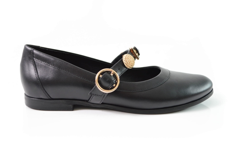 Czarne licowe baleriny z paskiem  złote ozdoby bok.jpg