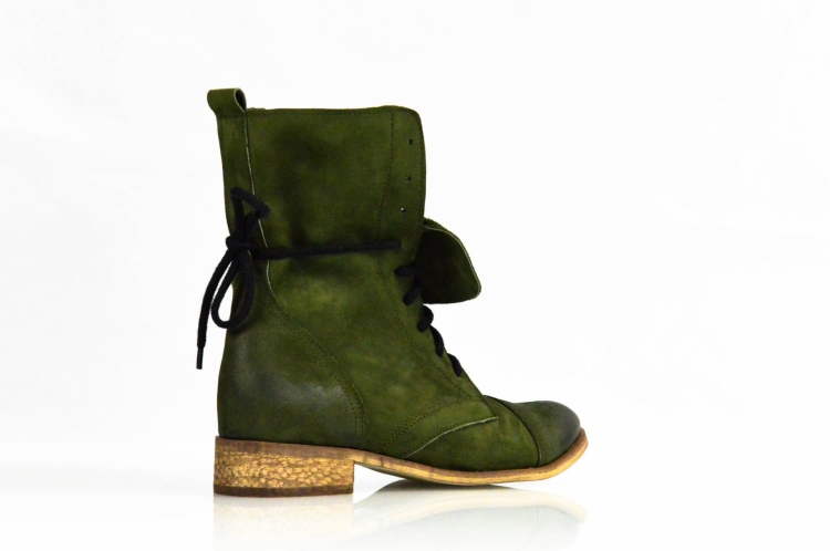 Khaki oliwkowe botki oficerki ze skóry na płaskim sznurowane