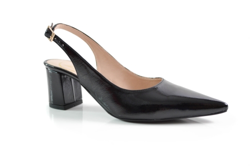 Czarne skórzane czółenka odkryta pięta niski obcas