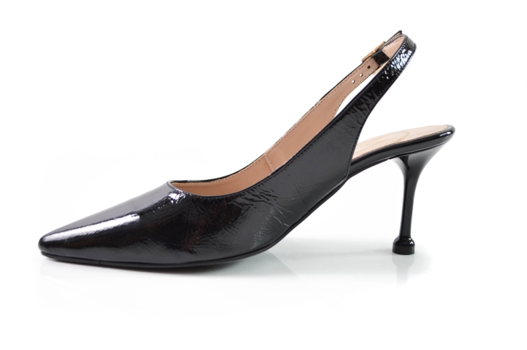 Czarne lakierowane czółenka z odkrytą piętą niska szpilka