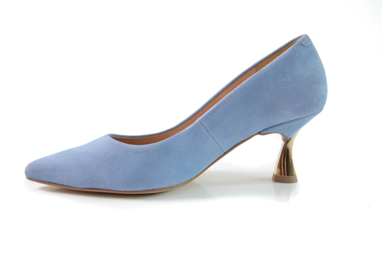 Błękitne czółenka z zamszu ozdobny złoty obcas niska szpilka ostry czubek