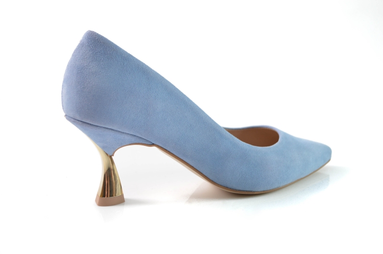 Błękitne czółenka z zamszu ozdobny złoty obcas niska szpilka ostry czubek