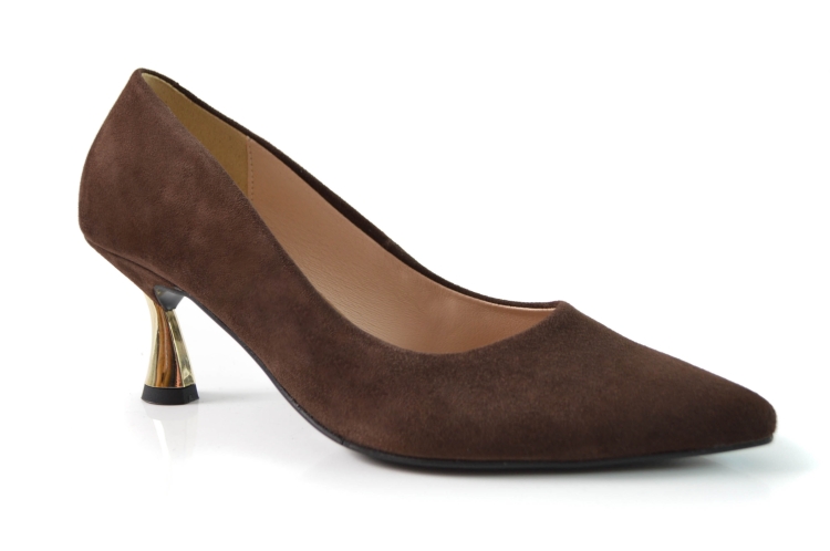 Brązowe czekoladowe czółenka zamszowe złoty obcas 5,5 cm niska szpilka