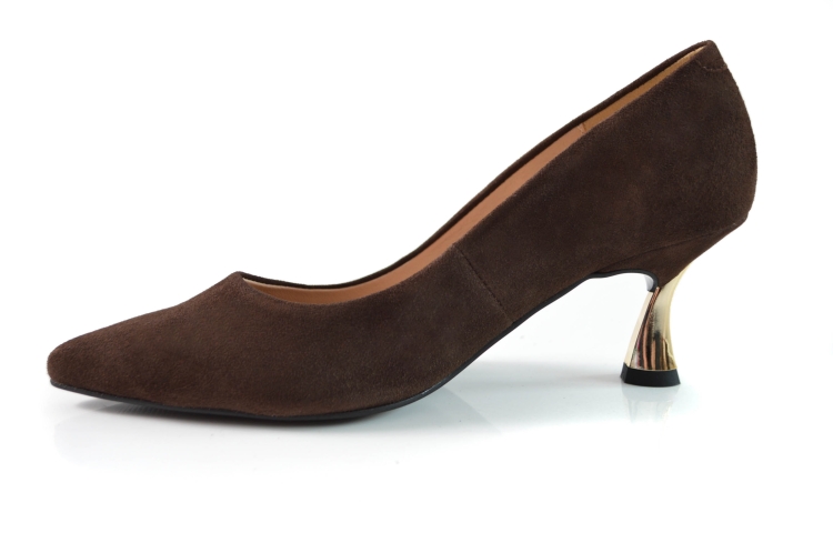Brązowe czekoladowe czółenka zamszowe złoty obcas 5,5 cm niska szpilka
