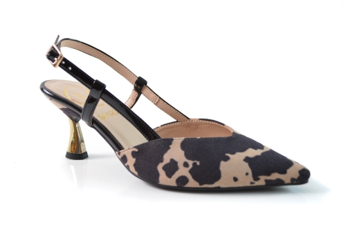 Czarno-beżowe skórzane czółenka w cętki z odkrytą piętą niski złoty obcas 5,5 cm