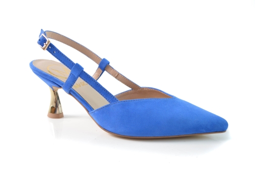 Szafirowe niebieskie zamszowe czółenka z odkrytą piętą niska złota szpilka 6,5 cm