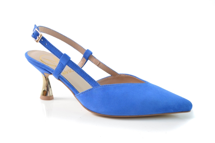 Szafirowe niebieskie zamszowe czółenka z odkrytą piętą niska złota szpilka 6,5 cm