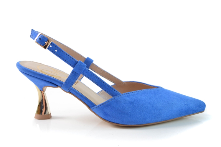 Szafirowe niebieskie zamszowe czółenka z odkrytą piętą niska złota szpilka 6,5 cm